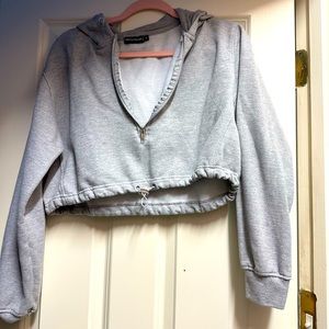 PLT Pretty Little Thing Crop Hoodie Half Zip with Cinched Waist in Gray / Grey